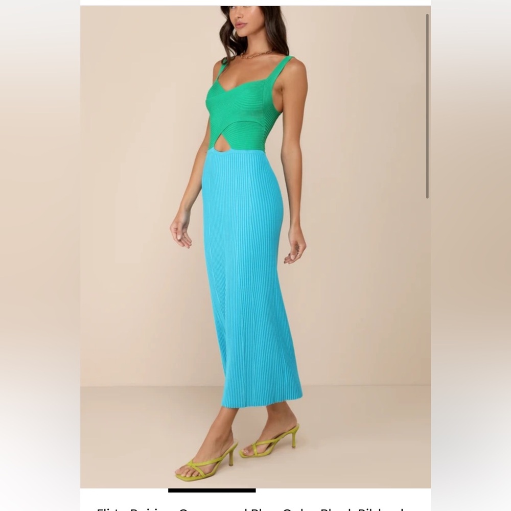 Flirty Pairing Green and Blue color block ribbed cutout dress